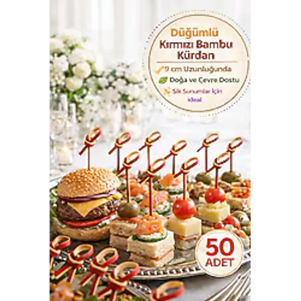 50'Li Paket İ 9 Cm Düğümlü Kırmızı Bambu Kürdan Kokteyl Kürdan Sunum Çubuğu Aperatif Kürdan