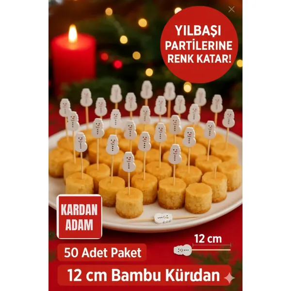 50'li Yılbaşı Kardan Adam Figürlü 12 cm Bambu Kürdan - Pasta Cupcake Süsleme Çubuğu Seti