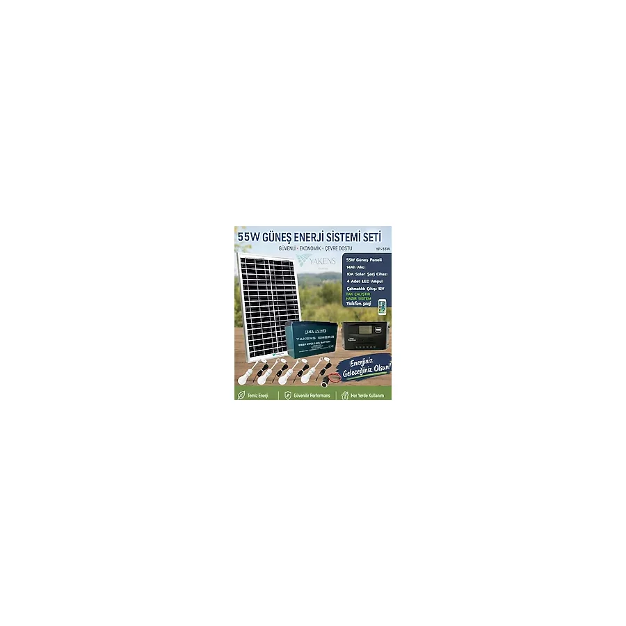 55W Güneş Enerji Sistemi Seti - 14Ah Jel Akü + 10A Şarj Kontrol Cihazı + 4 LED Ampul + Araç Çakmaklık Çıkışı Telefon Şarjlı Taşınabilir Solar Aydınlatma Paketi