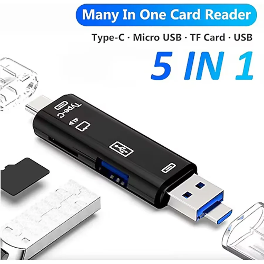 5in1 Otg Kart Okuyucu USB 2.0 - Type-C - Micro USB - Micro Sd/tf Hafıza Kartı Çevirici Adaptör - Siyah
