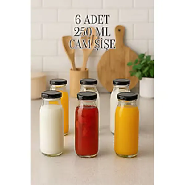 6 Adet 250 ml Beslenme Şeffaf Meyve Suyu, Meşrubat, Limonata Şişesi Metal Kapaklı 250 cc Şişe - Siyah