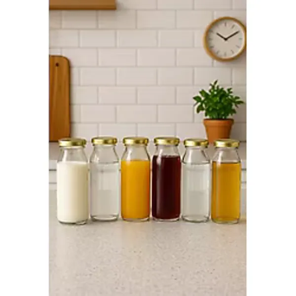6 Adet 250 ml Beslenme Şeffaf Meyve Suyu, Meşrubat, Limonata Şişesi Metal Kapaklı 250 Cc Şişe (Kırmızı)