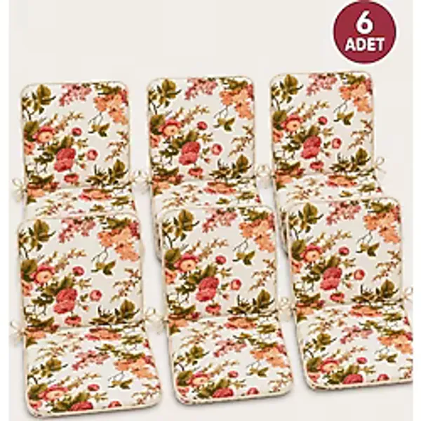 6 Adet Rattan Arkalıklı Sandalye Minderi (Kalınlık 4cm)-İngiliz Gülü (Pamuklu Kumaş)