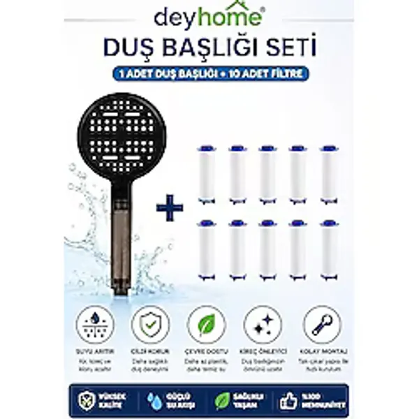 6 Fonksiyonlu Filtreli Duş Başlığı - Basınç Artırıcı Çok Modlu Duş Sistemi + 10 Adet Yedek Filtre Kireç Önleyici Su Tasarruflu Duş Başlığı Seti (Siyah)