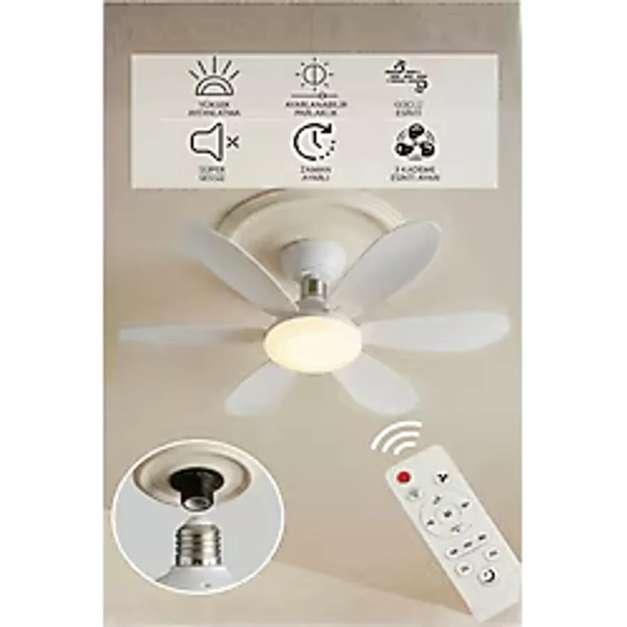 6 Kanatlı Led Lamba 3 Kademe 3 Renk Işıklı Sessiz Tavan Vantilatörü Kumandalı Tavan Fanı Led Ampül