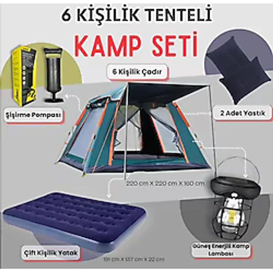 6 Kişilik Tam Otomatik Tenteli Kamp Çadırı + Çift Kişilik Şişme Yatak Seti + Lamba (Kamp Seti)