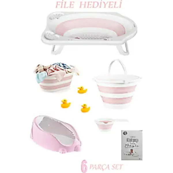 6'Lı Bebek Küvet Set (Fileli) Cm-6 Parça Bebek Banyo Seti Pembe