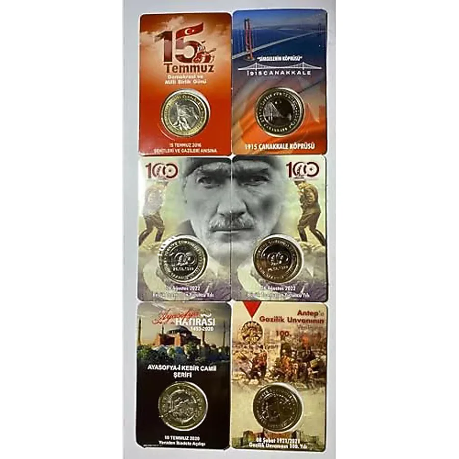 6 'lı Hatıra 1 Lira Para Kiti Seti, Ayasofya, Antep, Çanakkale, 15 Temmuz, 2'li Büyük Taarruz Çil