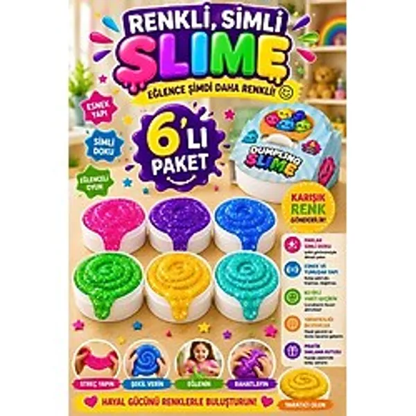 6'Lı Slime Oyun Jeli Simli Streç Hamur Eğitici Duyusal Oyun Motor Beceri Geliştiren Oyuncak Renkli