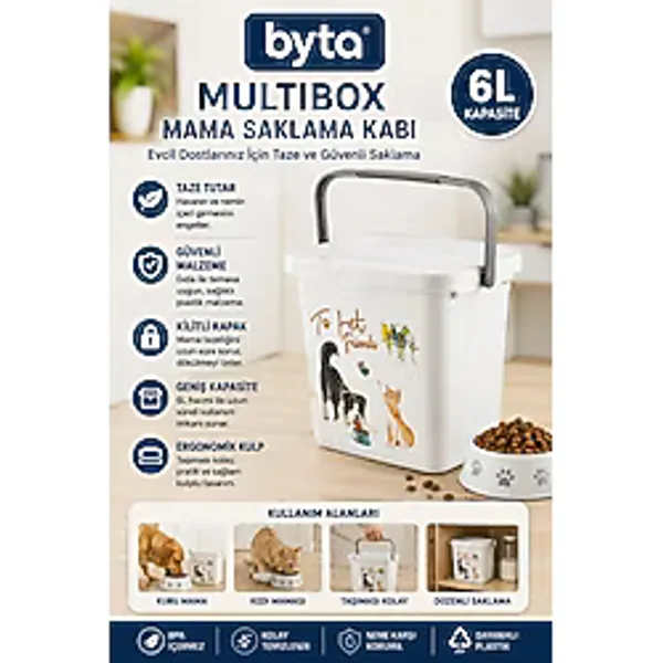 6 Litre Kulplu Mama Saklama Kabı Kapaklı Kedi Köpek Kuru Mama Saklama Kutusu