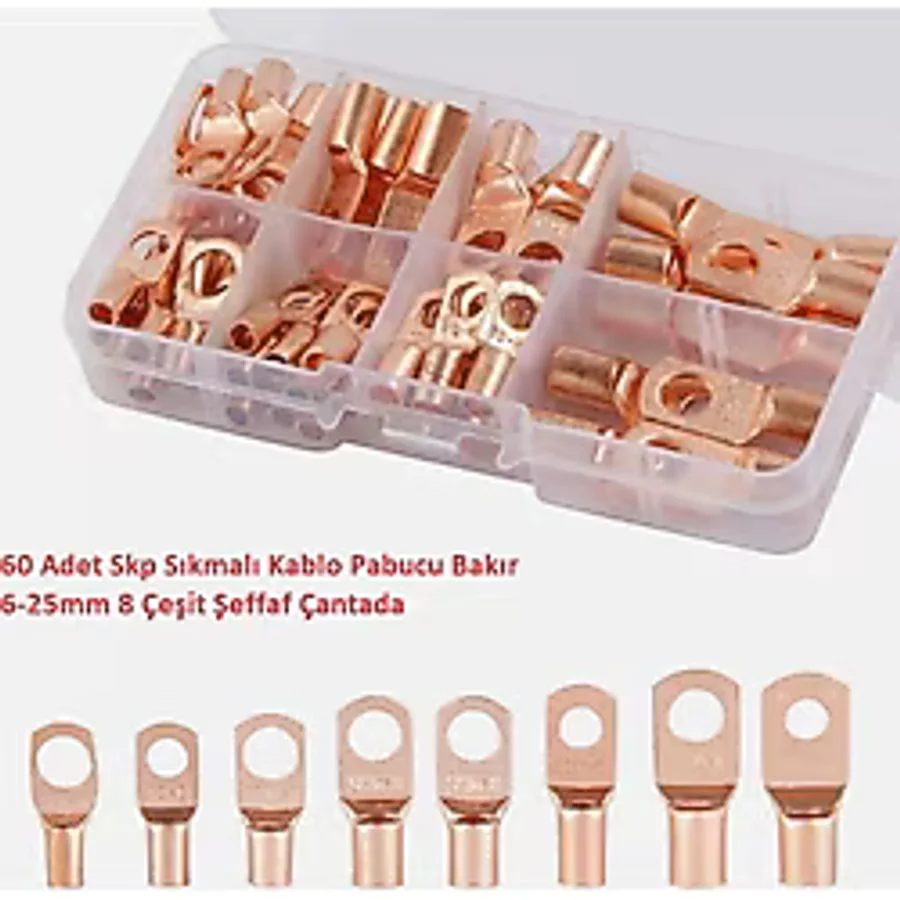 60 Adet Skp Sıkmalı Kablo Pabucu Bakır 6-25mm 8 Çeşit Şeffaf Çantada