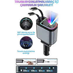 66W Acl LED Işık Tavan Aydınlatmalı 4ın1 Çift Kablolu Hızlı Şarj 3.4A Araç Içi Çakmaklık Şarj Aleti - Gri