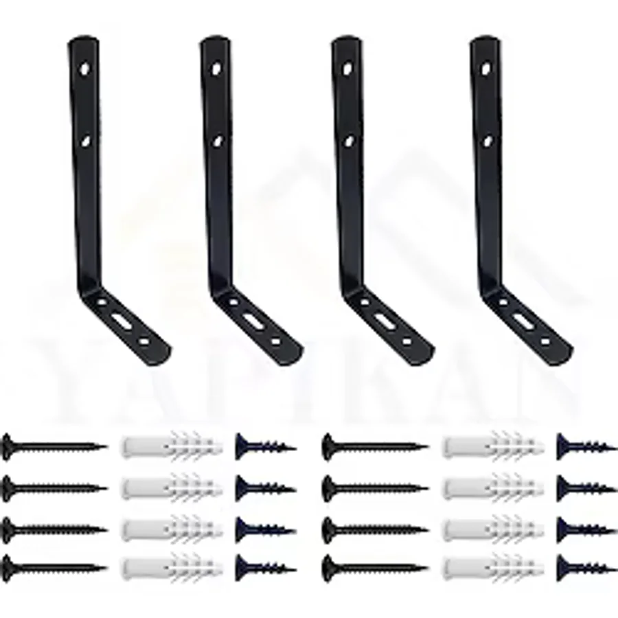 6x16.5cm- 4 Ad Siyah Modern Çelik Raf Altı Ayak - Raf Tutucu Aparat - Metal L Raf Demiri