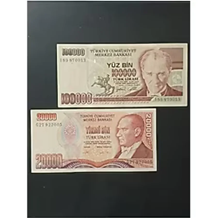 7. Emisyon 100.000 Ve 20.000 Türk Lirası. Eski Koleksiyon Kağıt Para.