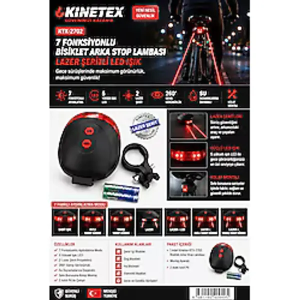 7 Fonksiyonlu Lazer Şerit Bisiklet Arka Stop Lambası 5 Led, 2 Lazer, Su Geçirmez, 260° Görünürlük