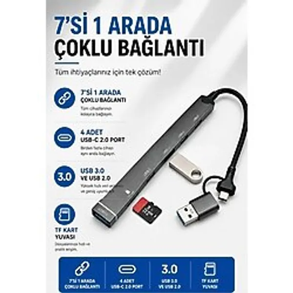 7 İn 1 Type-C Usb Hub Çoklayıcı Docking Station, 4 Usb-C 2.0, Usb 3.0, Usb 2.0, Tf Kart Okuyucu, Laptop Tablet Telefon Masaüstü Bilgisayar Uyumlu Ads-812-C