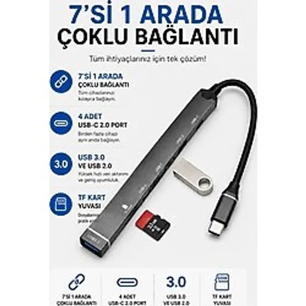 7 İn 1 Usb-A Ve Type-C Usb Hub Çoklayıcı Docking Station, 4 Usb-C 2.0, Usb 3.0, Usb 2.0, Tf Kart Okuyucu, Laptop Tablet Telefon PC Uyumlu Ads-812-Cu