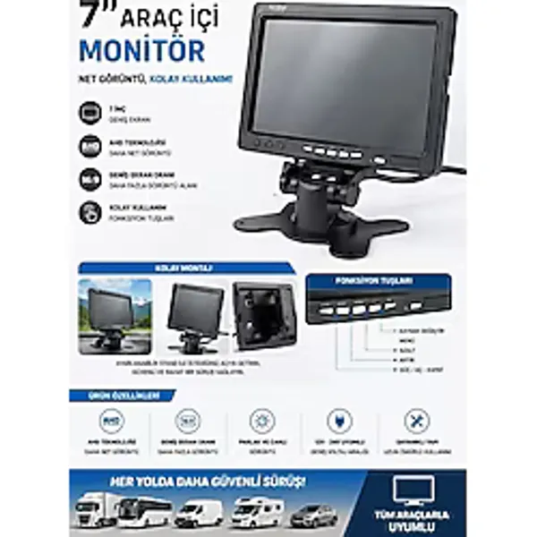 7 İnç Çerçeveli Araç İçi Monitör Tek Ekran 12V 24V Uyumlu