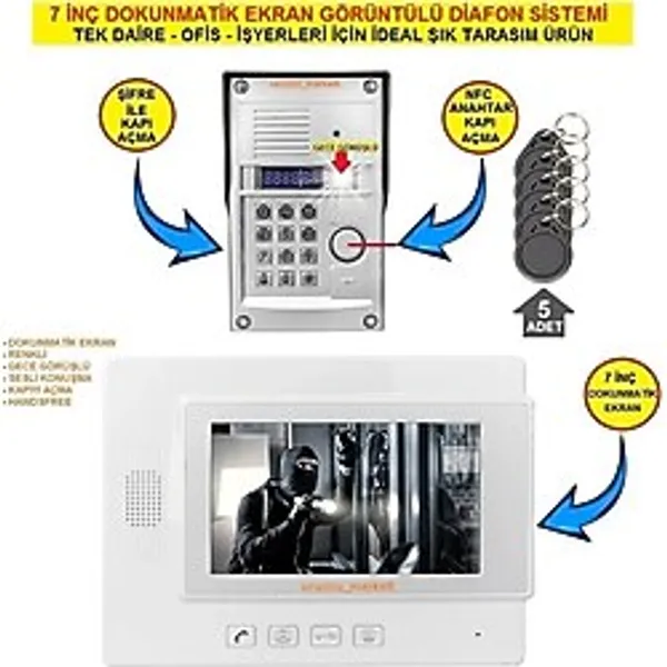 7 Inç Dokunmatik Ekranlı Görüntülü Diafon Sistemi (Tek Daire Içindir Şifre + Kartlı Geçiş Özelliklidir)