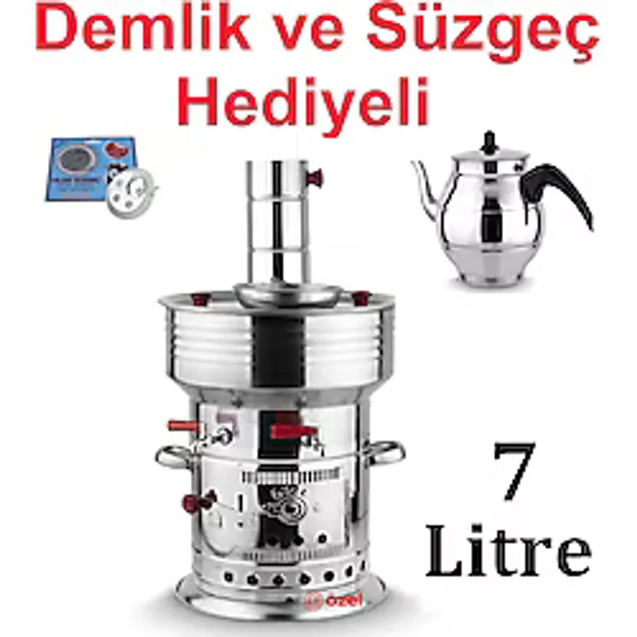 7 Litre Paslanmaz Metal Odunlu Kömürlü Çay Semaveri Büyük ÇİFT Musluklu Odunlu Kömürlü Semaver 7 Lt.