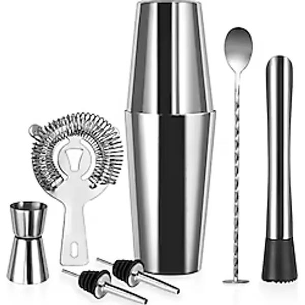 7 Parça Boston Shaker Kokteyl Seti, 750 ml Paslanmaz Çelik Bar Seti, Hawthorne Süzgeç Jigger Ölçü Kabı Muddler Karıştırma Kaşığı 2 Şişe Akıtıcı Ev Barı Parti Hediye İçin Premium Kokteyl Ekipmanı