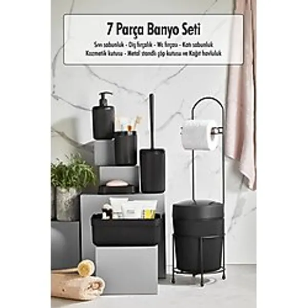 7 Parça Siyah Banyo Seti Metal Stantlı Kovalı Wc Kağıtlık Kozmetik Kutusu Diş Fırçalık Ve Sabunlukla