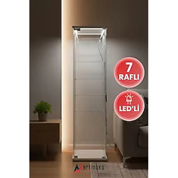7 Raflı Ledli Cam Vitrin Dolap Gümüşlük Koleksiyon Sergi Kitaplık Kapaklı Büfe Mutfak Raflı Detolf - Beyaz