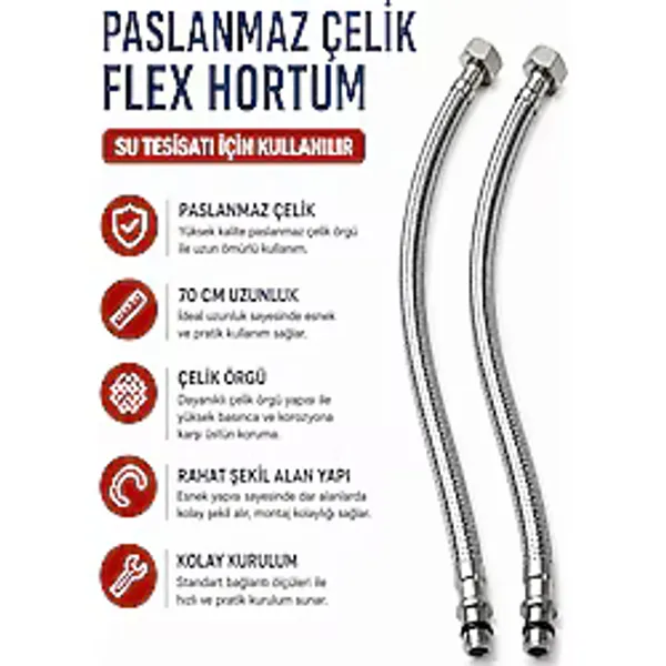 70 Cm Paslanmaz Çelik Örgülü Flex Hortum 3/8 Su Bağlantı Hortumu Batarya Ve Klozet Uyumlu