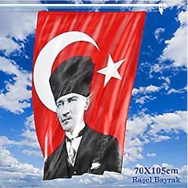 70x105 Cm Saten Kumaş T.c. Kalpaklı Atatürk Fotoğraflı Türkiye Bayrağı - Bayrak