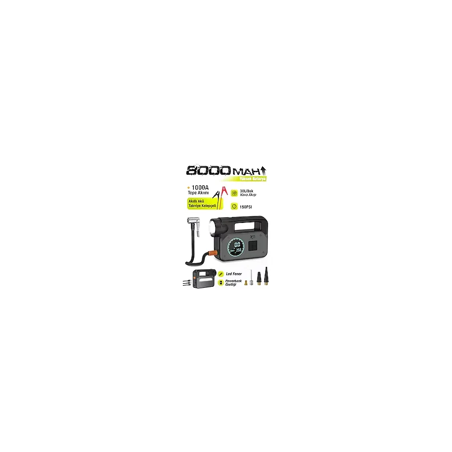 7GO 7A2 8000mAh Akü Takviyeli Hava Pompası 1000A Jump Starter, 150 PSI Dijital Lastik Şişirme Kompre