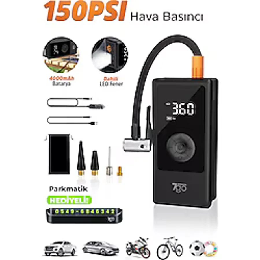 7go 7A3 Hava Pompası & Powerbank 150 Psı Ultra Basınç, LED Işıklı, LCD Ekranlı, 4000MAH Taşınabilir Şarjlı Kompresör - Siyah