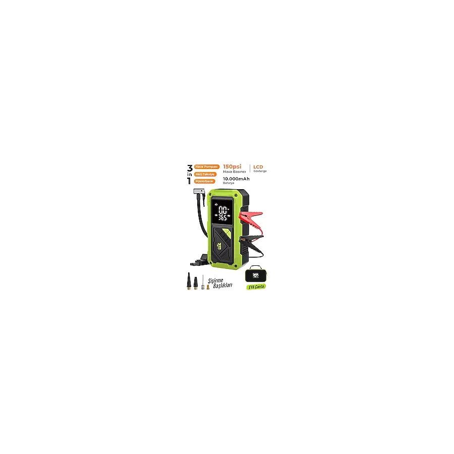 7GO 7A4 Akü Takviyeli Hava Pompası & Jump Starter 10000mAh Powerbank - Çok Fonksiyonlu Araç Destek C