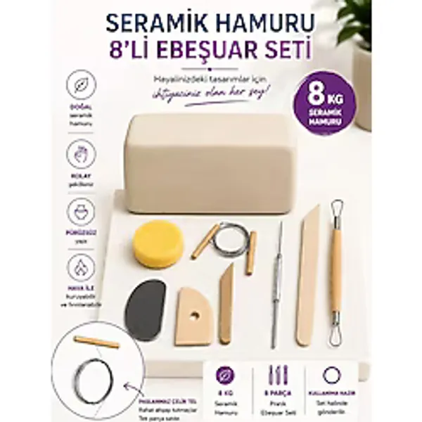 8,7 Kg Seramik Hamuru Seti, Kil Çamuru 8li Ebeşuar Modelaj, Oyun Hamuru Seti