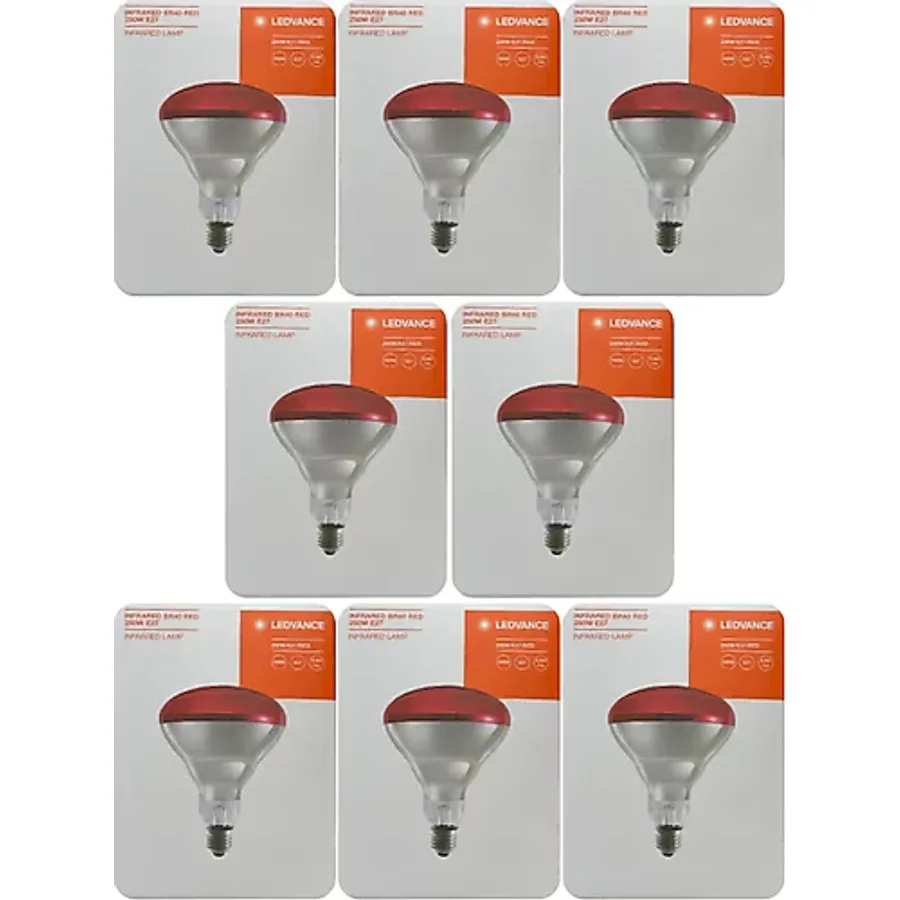 (8 Adet) Ledvance 250W Kızılötesi (İnfrared) Isıtıcılı Hayvan Isıtma Ve Fizik Tedavi Lambası (Kırmızı Işık) E27 (Kalın Duy)