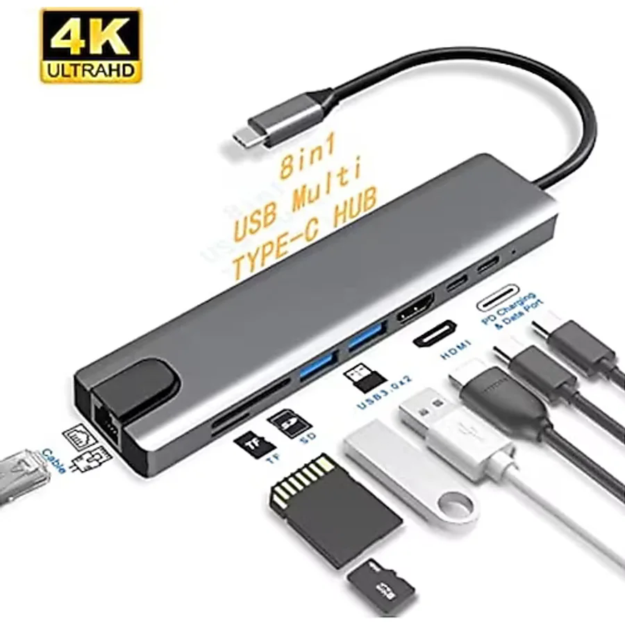 8 İn1 4K Type-C USB 3.0 Hub HDMI RJ45 SDTF Adaptörü