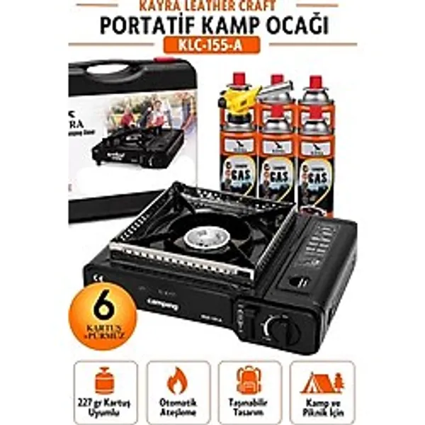 (8'Li Set) Siyah Taşınabilir Kamp Ocağı 6 Gaz Kartuşu 1 Pürmüz Dahil Çantalı Portatif Tek Gözlü Mini Karavan Açık Hava Piknik Yemek Pişirme Ocağı Seti Kamp Malzemeleri Ekipmanları