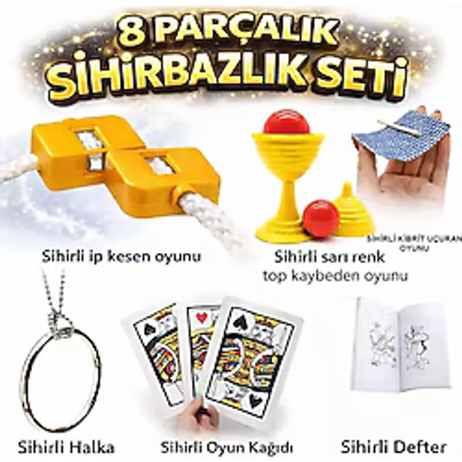 8'li Sihirbazlık Seti (Kibrit, Defter, Halka, Kupa, İp, 3'lü Kart)