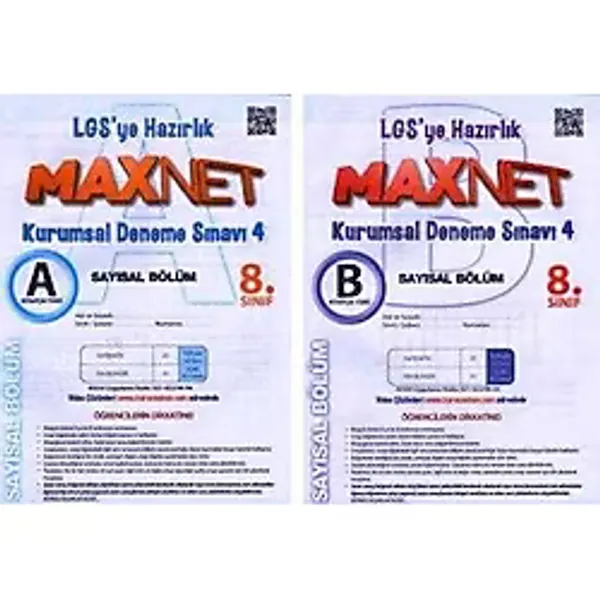 8. Sınıf Maxnet Lgs'ye Hazırlık Kurumsal Deneme Sınavı 4 Saysal Bölüm A + B Kitapçığı (2 Kitap Takım)