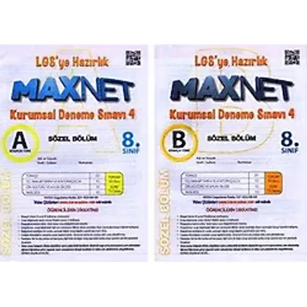 8. Sınıf Maxnet Lgs'ye Hazırlık Kurumsal Deneme Sınavı 4 Sözel Bölüm A + B Kitapçığı (2 Kitap Takım)