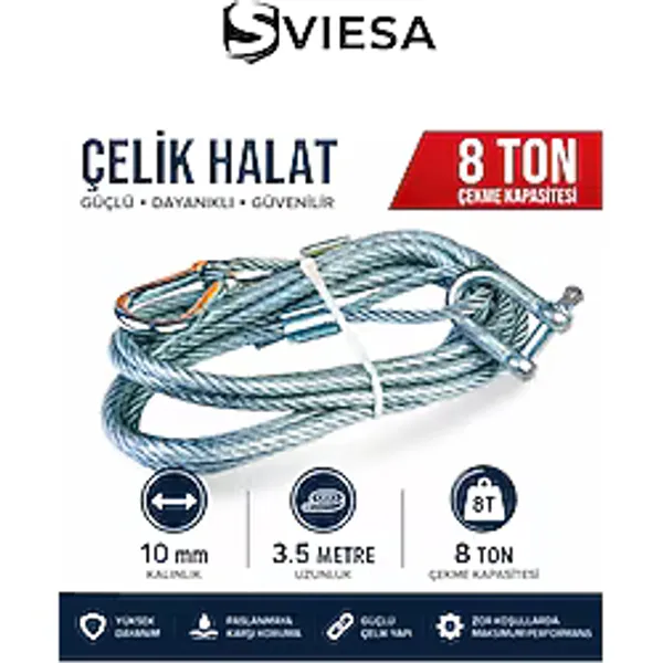 8 Ton Çelik Çekme Halatı 10 Mm Kalınlık 3,5 Metre Uzunluk Ağır Hizmet Araç Kurtarma Ve Çeki Halatı
