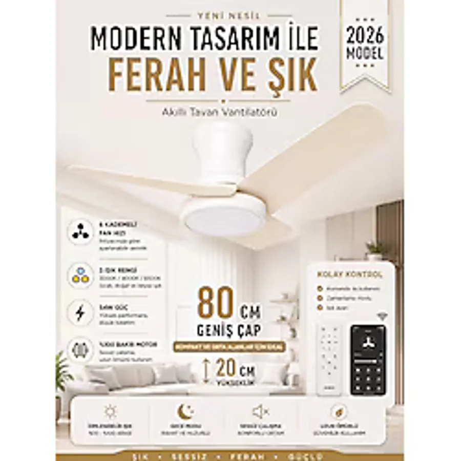 80 CM Akıllı Tavan Vantilatörü LED Aydınlatmalı Kumandalı & Telefon Kontrollü, 6 Hız, 3 Işık Rengi, Yaz/Kış Modu, Sessiz Motor