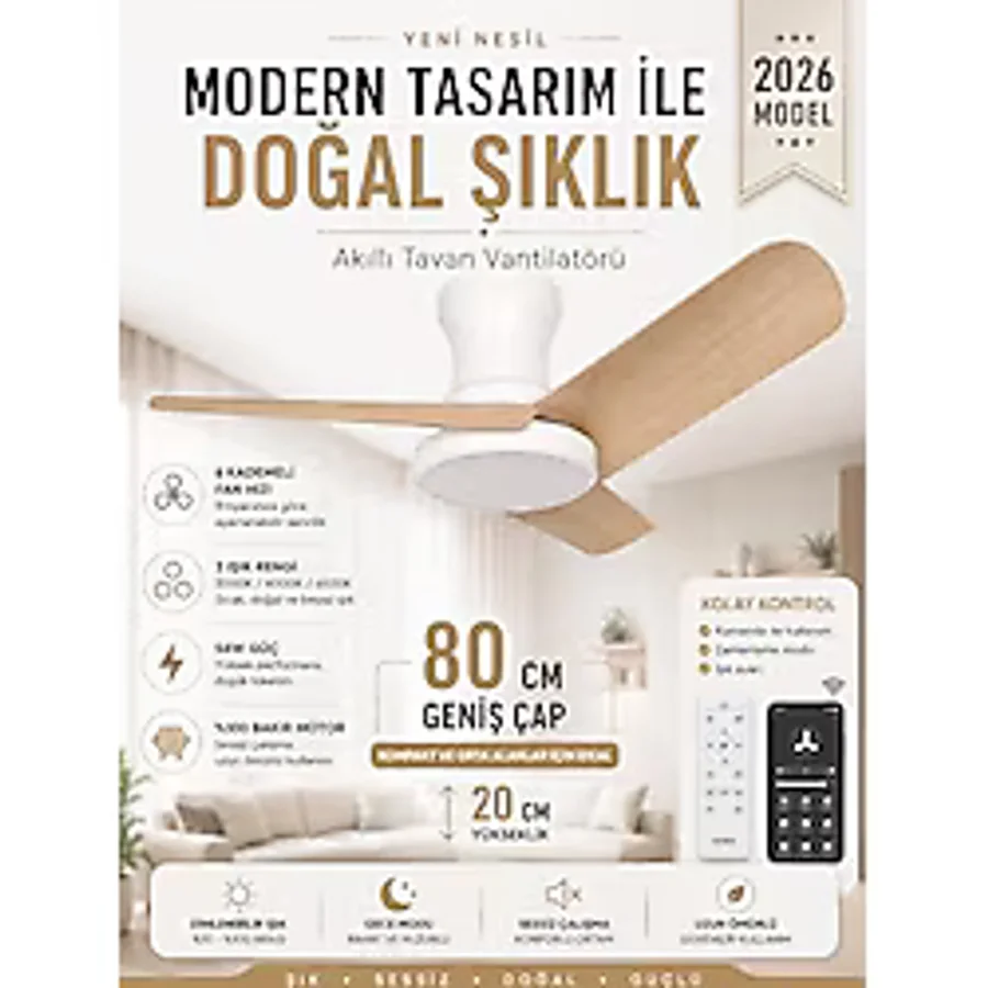 80 CM Akıllı Tavan Vantilatörü LED Aydınlatmalı Kumandalı & Telefon Kontrollü, 6 Hız, 3 Işık Rengi, Yaz/Kış Modu, Sessiz Motor (Beyaz Meşe)