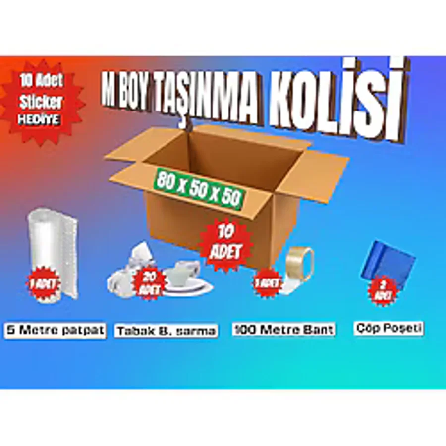 80X50X50 Taşınma Paketi M Boy 10 Adet Koli 1 Adet 5 Metre Patpat (Balonlu Naylon) 20 Adet Tabak/bardak Sarmalık Kağıt 1 Adet 100 Metre Bant 2 Adet Çöp Poşeti Hediye: 10 Adet Sticker (Etiket)