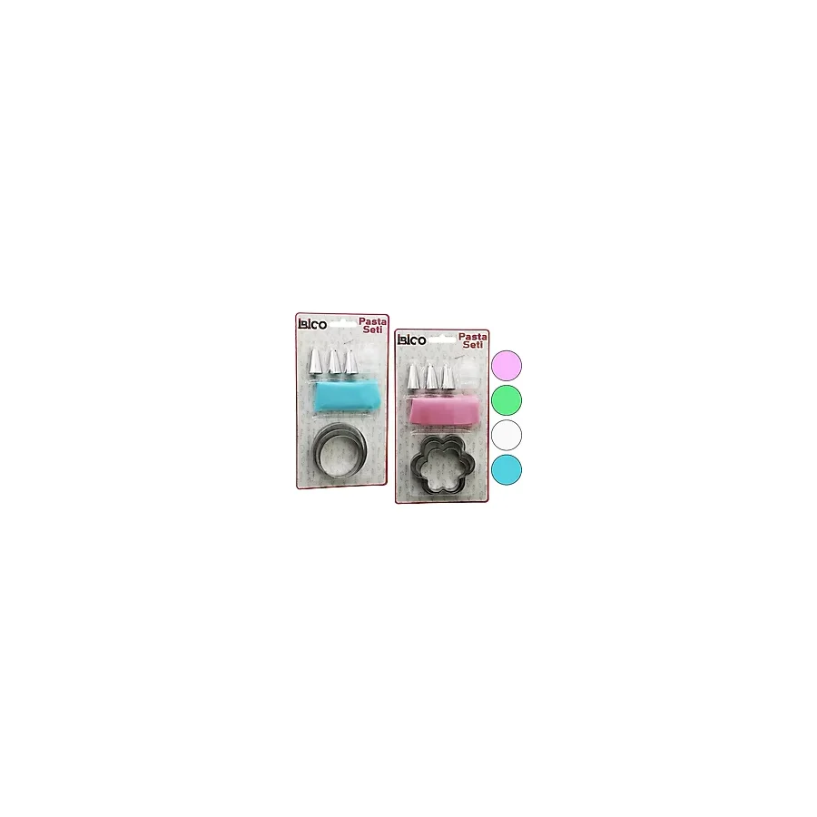 8pcs Pasta Süsleme Seti - 3-Kurabiye Kalıp=yuvarlak - Çiçek 1-Krema Torbası - 3-Metal+1-Pls.u - 001-Renkli