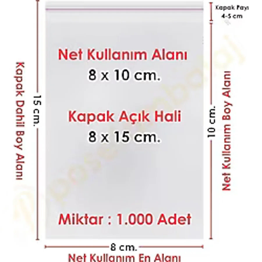 8x10+5 cm.(8x15) 1.000 Adet Şeffaf Bantlı Yapışkanlı Jelatin Poşet