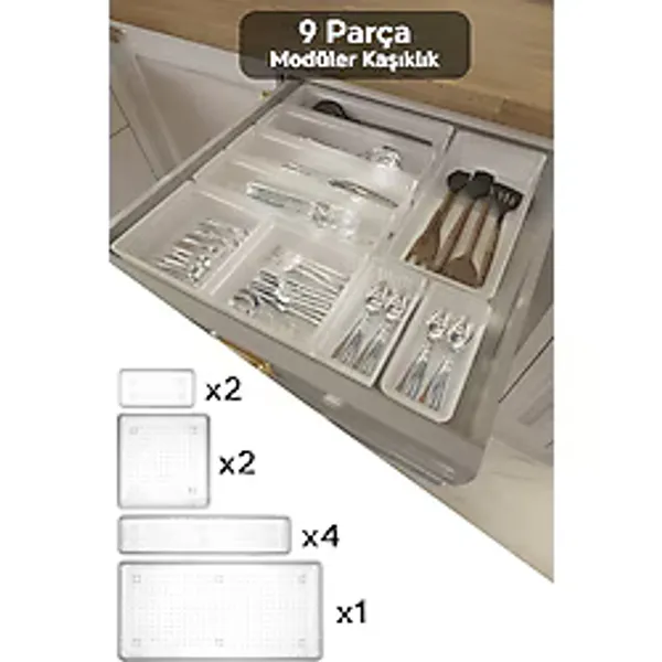 9 Parça Modüler Kaşıklık Seti - Ayarlanabilir Mutfak Çekmece İçi Düzenleyici Organizer Şeffaf