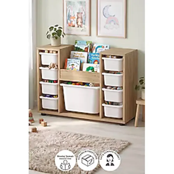 9 Sepetli Dolap Oyuncak Dolabı Çok Amaçlı Dolap Montessori Kitaplıklı Aden Safir Meşe