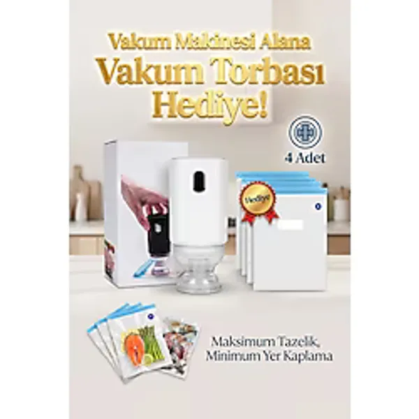 90W Gıda Vakum Makinesi Usb Şarjlı Elektrikli Vakum Pompası Taşınabilir Vakumlama Cihazı + 4 Adet 30X34 Cm Vakum Poşeti