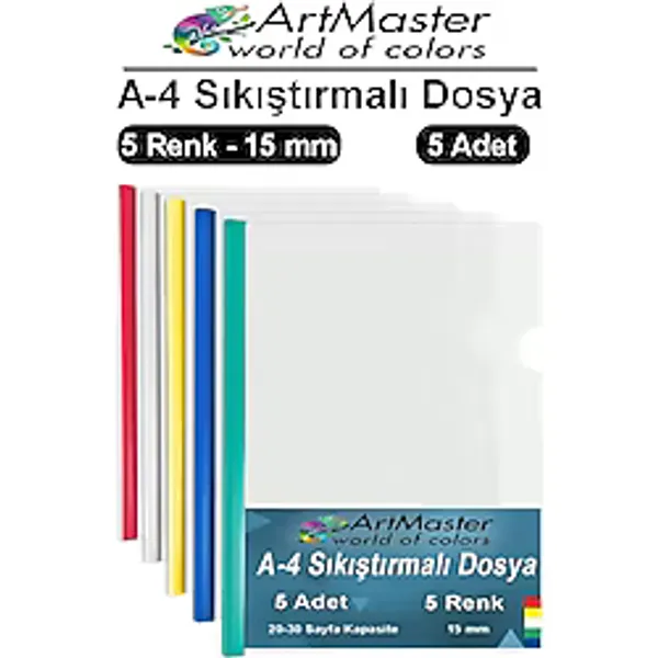 A-4 Sıkıştırmalı Yandan Sürgülü Dosya 5 Li 1 Paket Artmaster A4 5 Renk Sıkıştırmalı Dosya 1 Paket Renkli Ofis Büro Okul