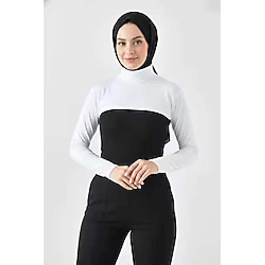 A02Teks Dik Yaka Boyunluklu Kolluk - Beyaz Uzun Kollu Boyunluk Tesettür Boyunluk Balıkçı Yaka Bodysuit - Standart - 001 Siyah